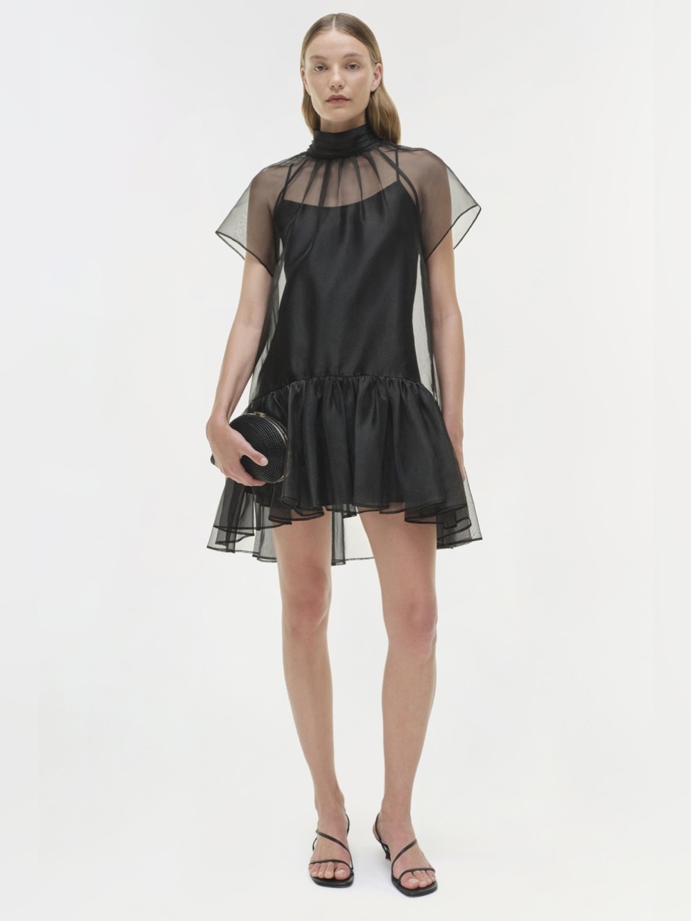 SIMKHAI Beaux Black Sheer Organza Ruffle Mini Dress Bow